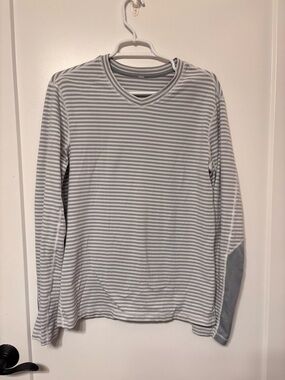 Lululemon Long-Sleeve Striped V-Neck Shirt - Gray & White